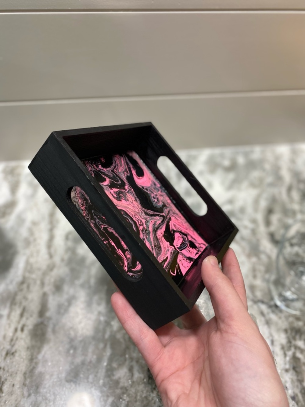 Hand Crafted Wooden Tray with Black & Pink Swirl Art - Picture 5 of 6